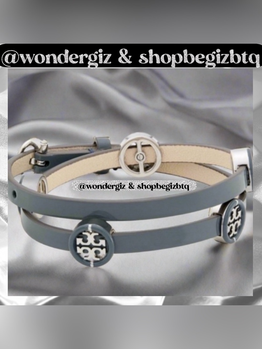 Tory Burch Authentic Miller Silver & Leather Blue Enamel Double Wrap Bracelet